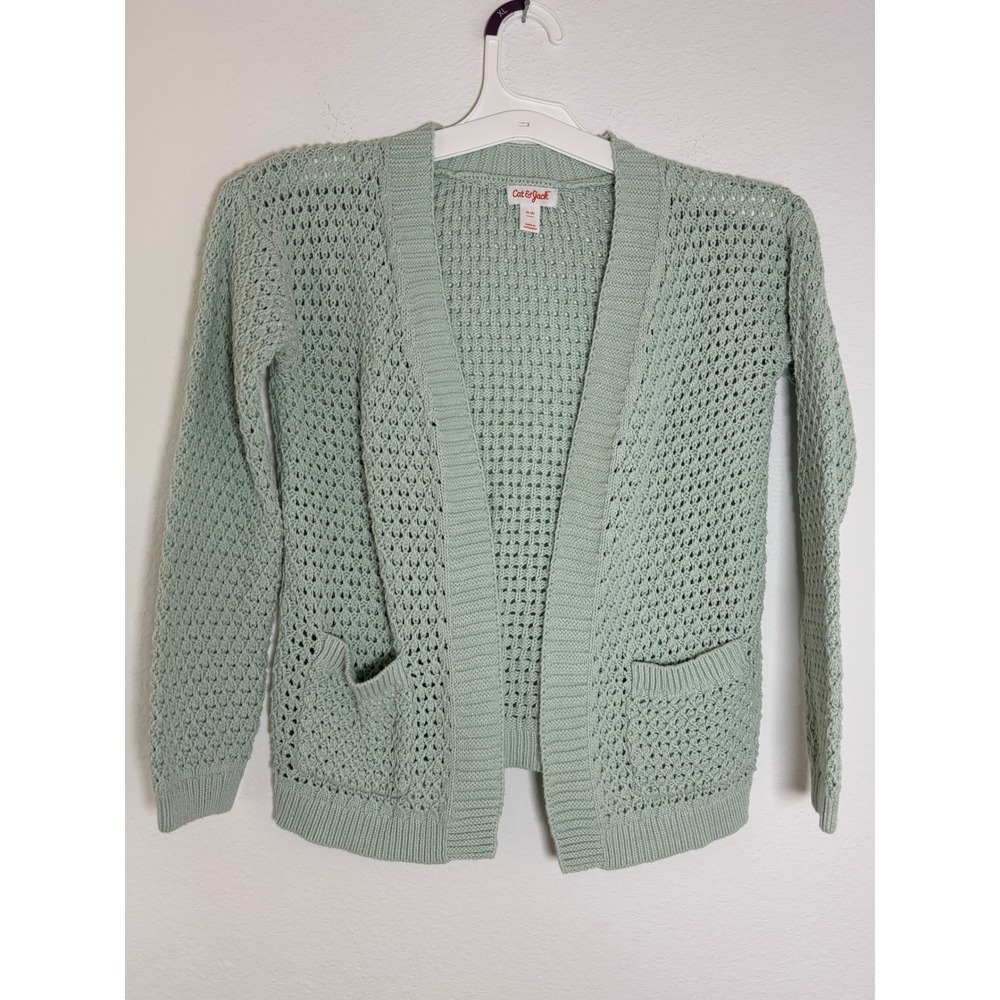 Cat & Jack Girls Medium 8 Open Front Pointelle Knit Cardigan Sage Green Pockets